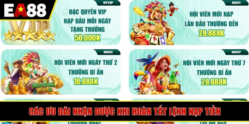 Các ưu đãi nhận được khi hoàn tất lệnh nạp tiền