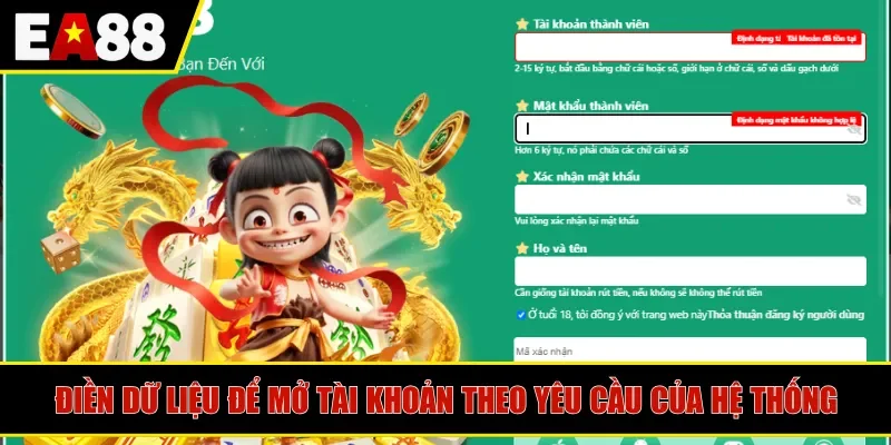 Điền dữ liệu để mở tài khoản theo yêu cầu của hệ thống